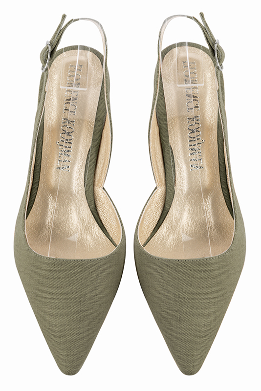 Khaki green women's slingback shoes. Pointed toe. Medium flare heels. Top view - Florence KOOIJMAN